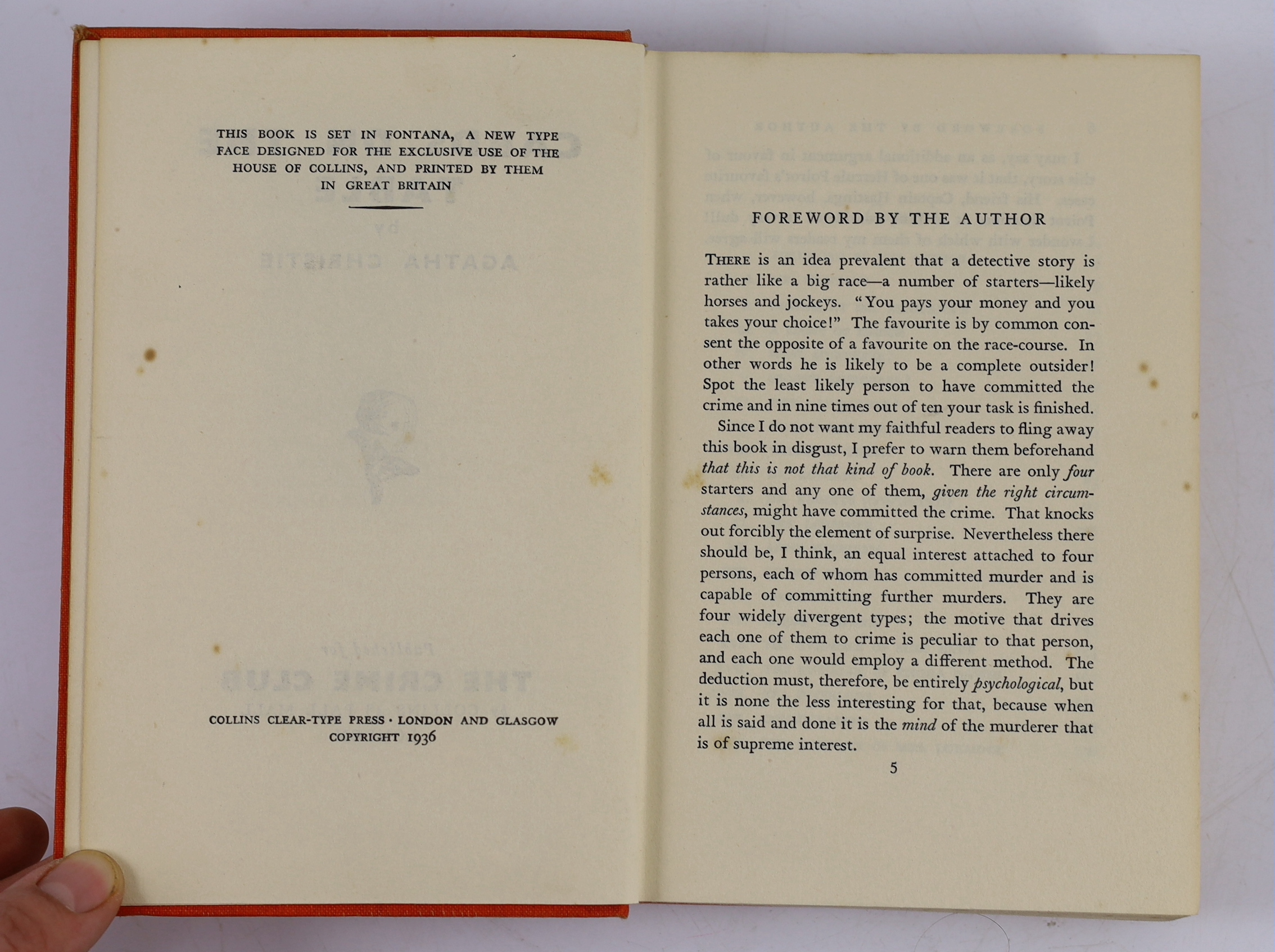 Christie, Agatha - 2 works - Cards on the Table, 1st edition, original orange cloth, spine sunned, The Crime Club for Collins, London, 1936 and Crooked House, 1st edition, original cloth, spine sunned, stain to front cov